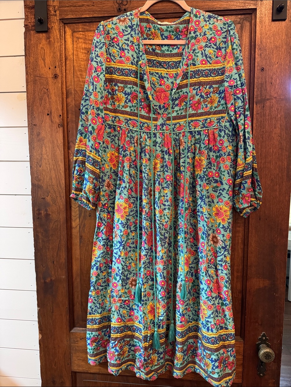 Floral Boho Tie-Front Midi Dress in Teal and Multi